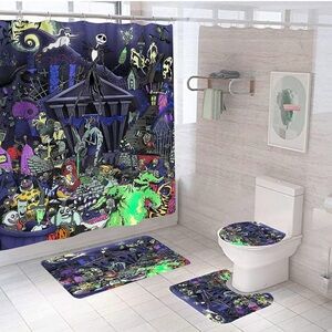 4Pcs Nightmare Before Halloween Bath Set Decor & 12 Curtain Hooks, 71 x 71”